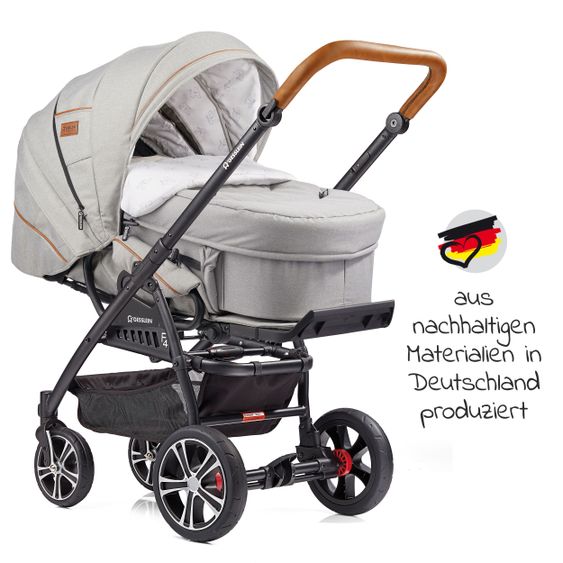 Gesslein 2in1 Kinder-Kombiwagen F4 Air+ Classic mit C2 Tragetasche & umsetzbaren Sportwagenaufsatz - Schwarz-Cognac-Granitgrau