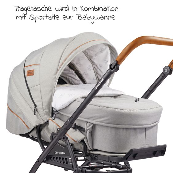 Gesslein 2in1 Kinder-Kombiwagen F4 Air+ Classic mit C2 Tragetasche & umsetzbaren Sportwagenaufsatz - Schwarz-Cognac-Granitgrau