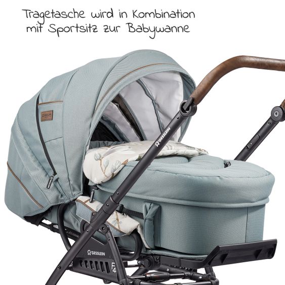 Gesslein 2in1 Kinder-Kombiwagen F4 Air+ Classic mit C2 Tragetasche & umsetzbaren Sportwagenaufsatz - Schwarz-Tabak-Aqua Mint