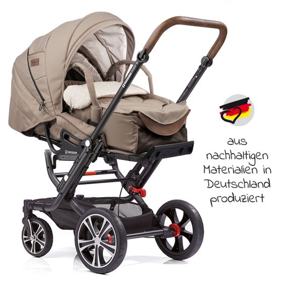 Gesslein 2in1 Kinder-Kombiwagen F6 Air+ Classic mit C1 Lift Tragetasche & Sportwagenaufsatz mit Schwenkschieber - Schwarz-Sand