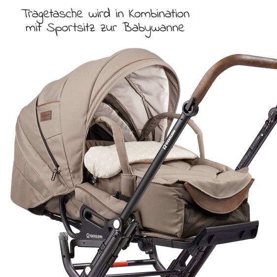 Gesslein 2in1 Kinder-Kombiwagen F6 Air+ Classic mit C1 Lift Tragetasche & Sportwagenaufsatz mit Schwenkschieber - Schwarz-Sand