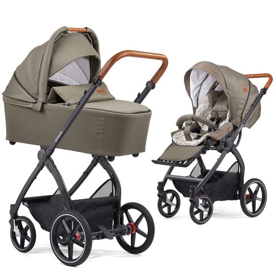 Gesslein 2in1 Kinder-Kombiwagen FX4 Soft+ Classic mit CX3 Wanne & umsetzbarern Sportwagenaufsatz - Schwarz-Cognac-Khaki
