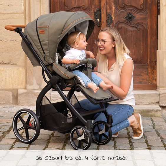 Gesslein 2in1 Kinder-Kombiwagen FX4 Soft+ Classic mit CX3 Wanne & umsetzbarern Sportwagenaufsatz - Schwarz-Cognac-Khaki