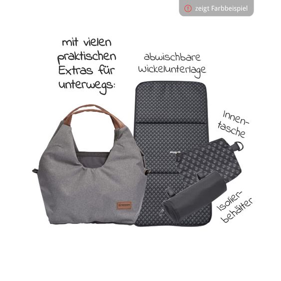 Gesslein Wickeltasche N°5 mit Wickelunterlage, Reißverschlusstasche, Täschchen & Isolierbehälter - Granitgrau Meliert