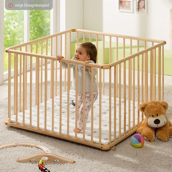 Geuther Laufgitter Belami Plus 3-fach höhenverstellbar mit 4 Rollen 97 x 97 cm - Sternchen - Natur