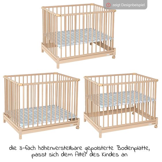 Geuther Laufgitter Euro Parc Plus zusammenklappbar, 3-fach höhenverstellbar mit 2 Rollen 76 x 97 cm - Lama - Natur