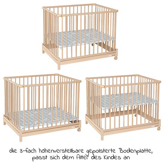 Geuther Laufgitter Euro Parc Plus zusammenklappbar, 3-fach höhenverstellbar mit 2 Rollen 76 x 97 cm - Punkte - Natur