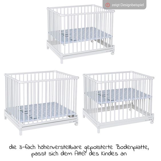 Geuther Laufgitter Euro Parc Plus zusammenklappbar, 3-fach höhenverstellbar mit 2 Rollen 76 x 97 cm - Punkte - Weiß