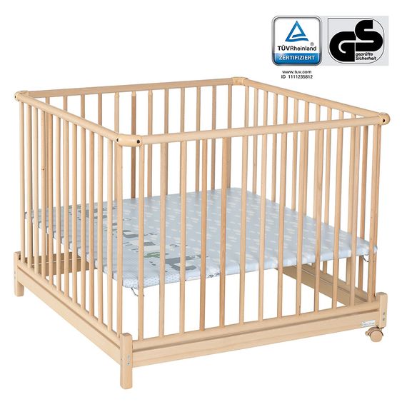 Geuther Laufgitter Euro Parc Plus zusammenklappbar, 3-fach höhenverstellbar mit 2 Rollen 97 x 97 cm - Lama - Natur