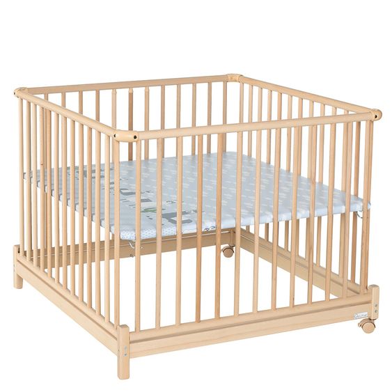 Geuther Laufgitter Euro Parc Plus zusammenklappbar, 3-fach höhenverstellbar mit 2 Rollen 97 x 97 cm - Lama - Natur