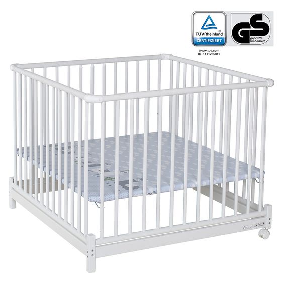 Geuther Laufgitter Euro Parc Plus zusammenklappbar, 3-fach höhenverstellbar mit 2 Rollen 97 x 97 cm - Lama - Weiß