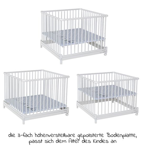 Geuther Laufgitter Euro Parc Plus zusammenklappbar, 3-fach höhenverstellbar mit 2 Rollen 97 x 97 cm - Lama - Weiß