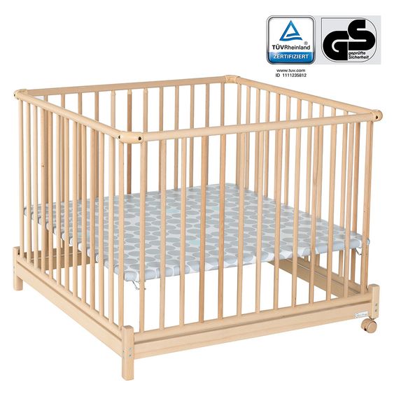Geuther Laufgitter Euro Parc Plus zusammenklappbar, 3-fach höhenverstellbar mit 2 Rollen 97 x 97 cm - Punkte - Natur