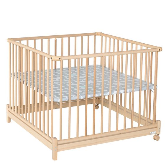 Geuther Laufgitter Euro Parc Plus zusammenklappbar, 3-fach höhenverstellbar mit 2 Rollen 97 x 97 cm - Punkte - Natur