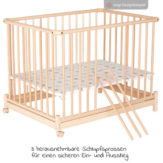 Geuther Laufgitter Euro Parc Plus zusammenklappbar, 3-fach höhenverstellbar mit 2 Rollen 97 x 97 cm - Punkte - Natur