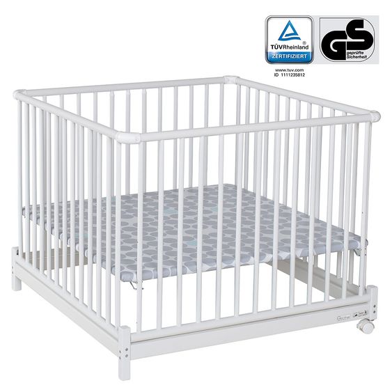 Geuther Laufgitter Euro Parc Plus zusammenklappbar, 3-fach höhenverstellbar mit 2 Rollen 97 x 97 cm - Punkte - Weiß