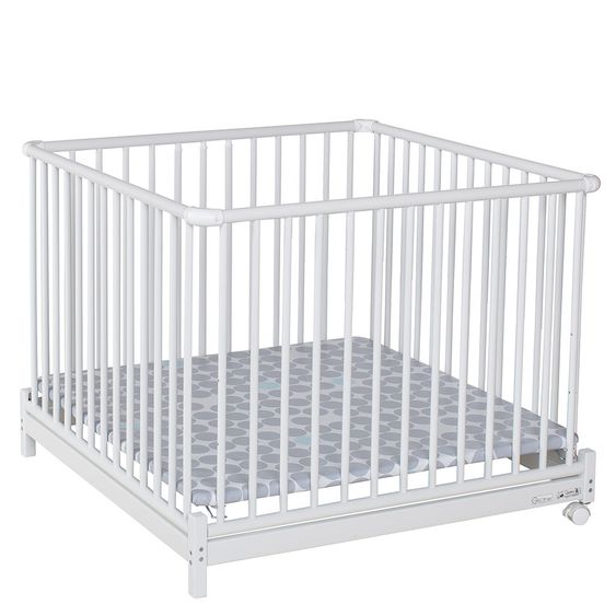 Geuther Laufgitter Euro Parc Plus zusammenklappbar, 3-fach höhenverstellbar mit 2 Rollen 97 x 97 cm - Punkte - Weiß