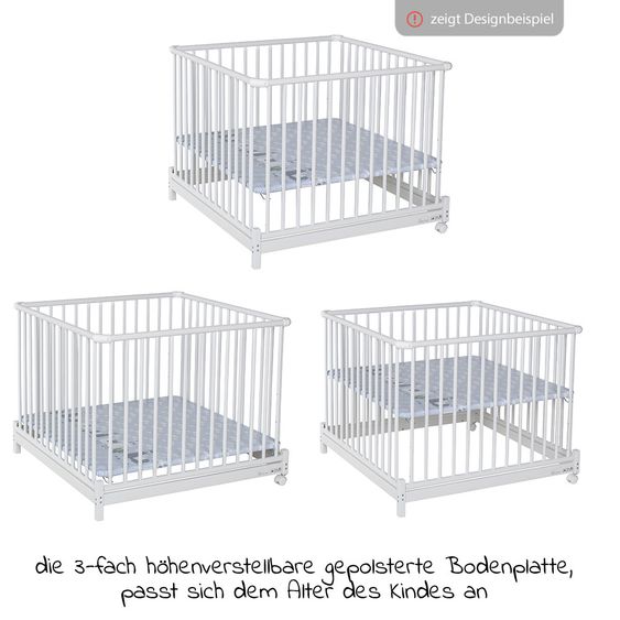 Geuther Laufgitter Euro Parc Plus zusammenklappbar, 3-fach höhenverstellbar mit 2 Rollen 97 x 97 cm - Punkte - Weiß