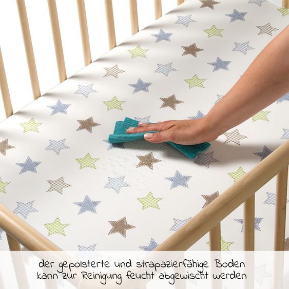 Geuther Playpen Lucilee Plus foldable, 3-fold height adjustable with 4 castors 76.2 x 97.4 cm - star - nature