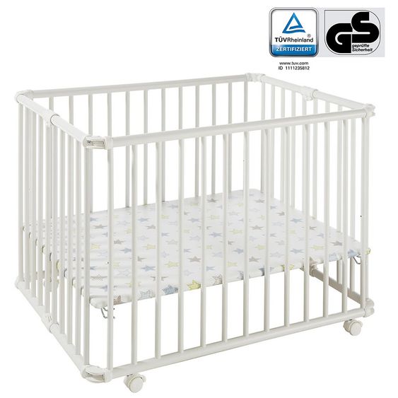 Geuther Playpen Lucilee Plus foldable, 3-fold height adjustable with 4 wheels 76.2 x 97.4 cm - Star - White