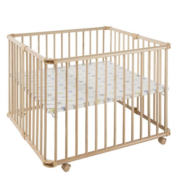 Geuther Laufgitter Lucilee Plus zusammenfaltbar, 3-fach höhenverstellbar mit 4 Rollen 90,2 x 97,4 cm - Sternchen - Natur
