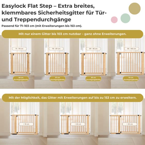 Geuther Cancello di sicurezza per porte / Cancello di sicurezza per scale Easylock Flatstep Wood Gate montaggio a pressione senza attrezzi, si chiude automaticamente 87 - 95 cm - Legno - ECO