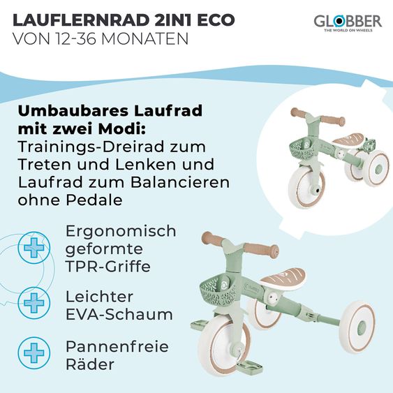 GLOBBER Tricycle 2-in-1 Learning Trike PLUS ECO à Partir De 12 Mois Jusqu’à 3 Ans Charge Jusqu’à 22 Kg Inclus Panier De Guidon - Sauge Verte