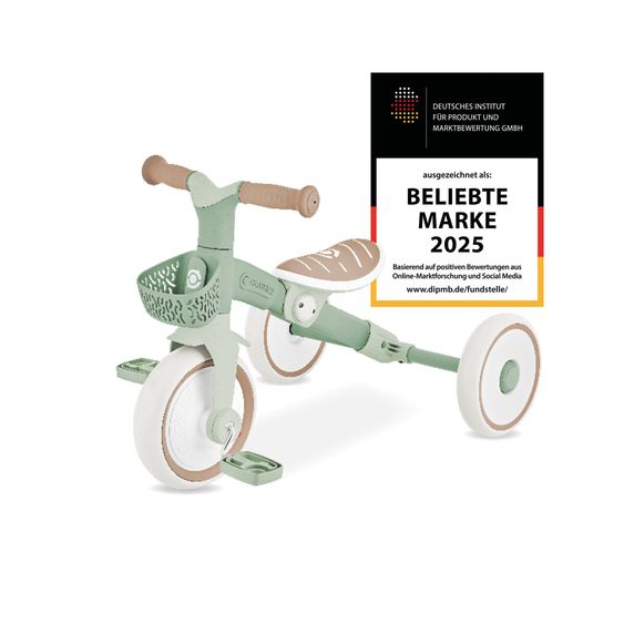 GLOBBER Tricycle 2-in-1 Learning Trike PLUS ECO à Partir De 12 Mois Jusqu’à 3 Ans Charge Jusqu’à 22 Kg Inclus Panier De Guidon - Sauge Verte