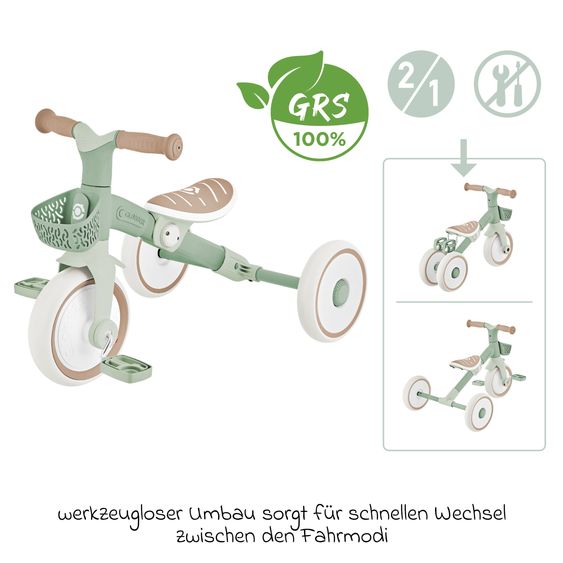 GLOBBER Tricycle 2-in-1 Learning Trike PLUS ECO à Partir De 12 Mois Jusqu’à 3 Ans Charge Jusqu’à 22 Kg Inclus Panier De Guidon - Sauge Verte