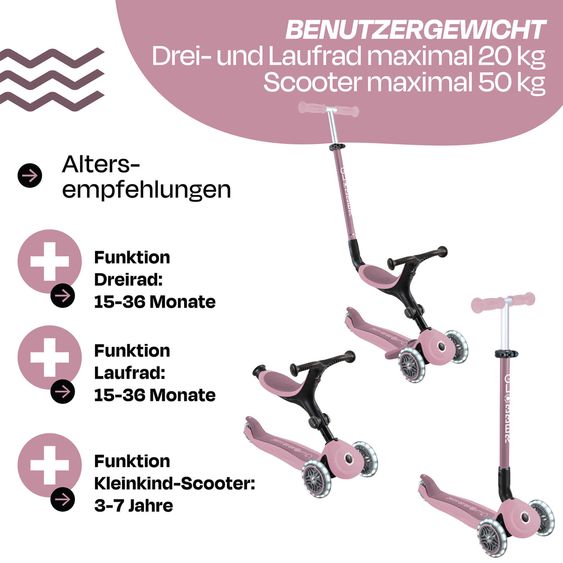 GLOBBER Véhicule 3-in-1 GO-UP Active Lights ECO Roller, Tricycle, Draisienne à partir de 15 Mois jusqu’à 7 Ans avec Roues Lumineuses jusqu’à 50 kg de Charge - Baie