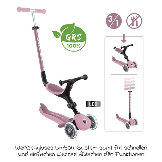 GLOBBER Véhicule 3-in-1 GO-UP Active Lights ECO Roller, Tricycle, Draisienne à partir de 15 Mois jusqu’à 7 Ans avec Roues Lumineuses jusqu’à 50 kg de Charge - Baie