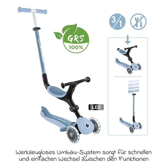 GLOBBER Véhicule 3-in-1 GO-UP Active Lights ECO Roller, Tricycle, Draisienne à partir de 15 Mois jusqu’à 7 Ans avec Roues Lumineuses jusqu’à 50 kg de Charge - Myrtille