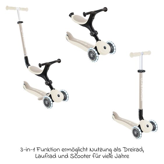 GLOBBER Véhicule 3-in-1 GO-UP Active Lights ECO Roller, Tricycle, Draisienne à partir de 15 Mois jusqu’à 7 Ans avec Roues Lumineuses jusqu’à 50 kg de Charge - Noix De Coco Blanc