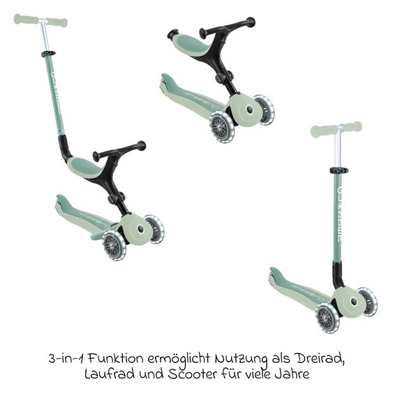 GLOBBER Véhicule 3-in-1 GO-UP Active Lights ECO Roller, Tricycle, Draisienne à partir de 15 Mois jusqu’à 7 Ans avec Roues Lumineuses jusqu’à 50 kg de Charge - Pistache