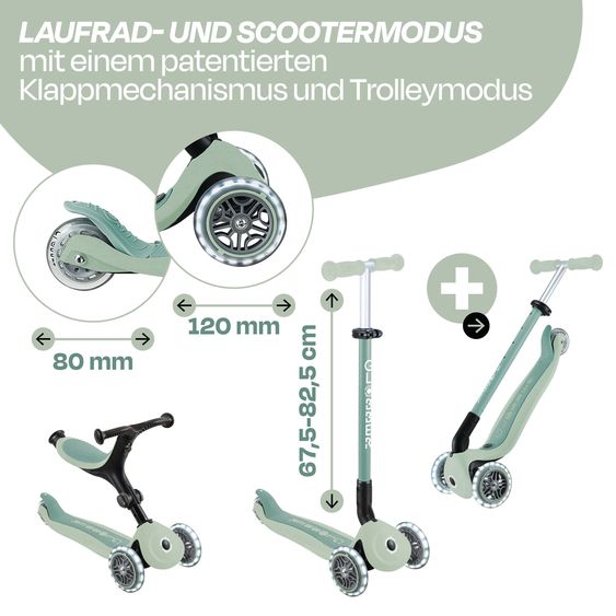 GLOBBER Véhicule 3-in-1 GO-UP Active Lights ECO Roller, Tricycle, Draisienne à partir de 15 Mois jusqu’à 7 Ans avec Roues Lumineuses jusqu’à 50 kg de Charge - Pistache
