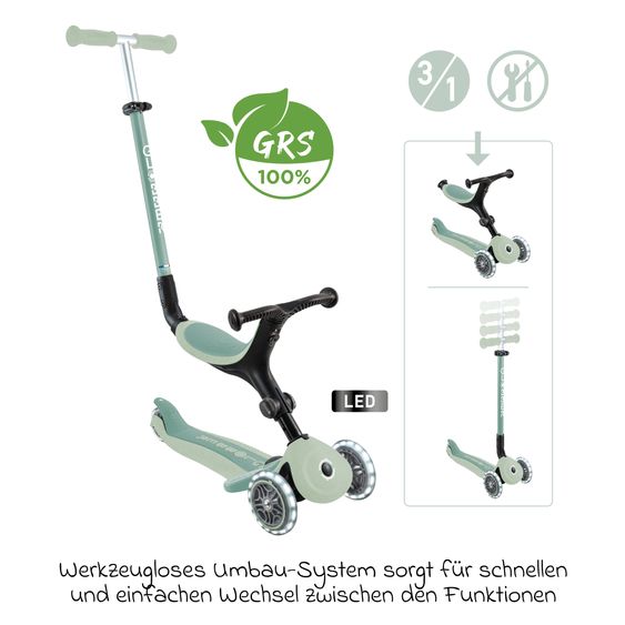 GLOBBER Véhicule 3-in-1 GO-UP Active Lights ECO Roller, Tricycle, Draisienne à partir de 15 Mois jusqu’à 7 Ans avec Roues Lumineuses jusqu’à 50 kg de Charge - Pistache