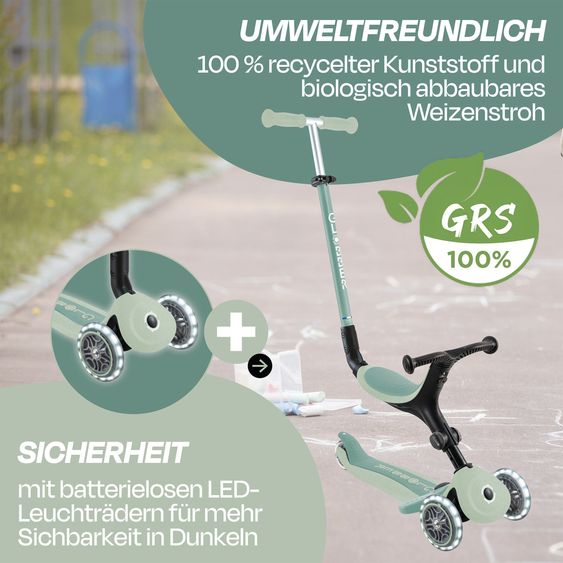 GLOBBER Véhicule 3-in-1 GO-UP Active Lights ECO Roller, Tricycle, Draisienne à partir de 15 Mois jusqu’à 7 Ans avec Roues Lumineuses jusqu’à 50 kg de Charge - Pistache