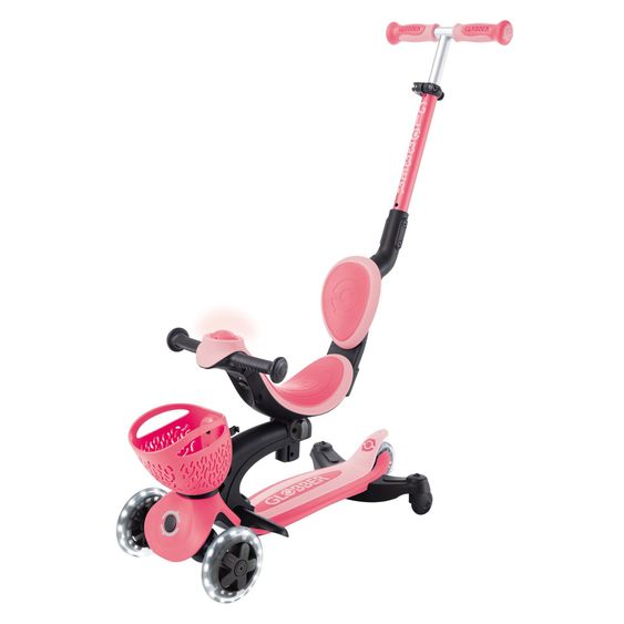 GLOBBER 3-in-1 Vehicle GO-UP Baby 360 Lights Roller, Tricycle, Balance Bike from 15 Months to 9 Years, Load Capacity up to 50 kg with Light-Up Wheels & Light Module - Coral Pink