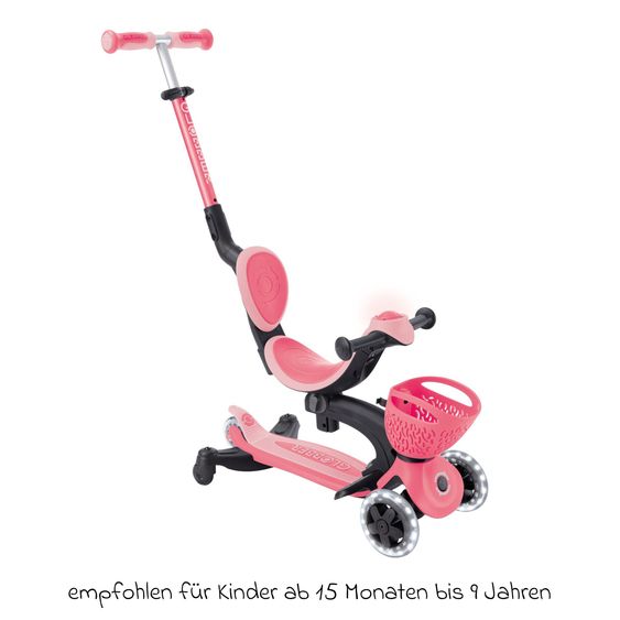 GLOBBER Véhicule 3-in-1 GO-UP Baby 360 Lights Roller, Tricycle, Draisienne À Partir De 15 Mois Jusqu’À 9 Ans Charge Jusqu’À 50 Kg Avec Roues Lumineuses & Module Lumineux - Corail Rose