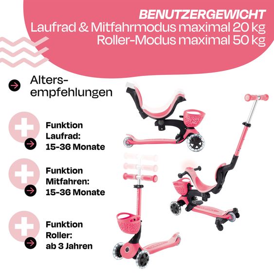 GLOBBER Véhicule 3-in-1 GO-UP Baby 360 Lights Roller, Tricycle, Draisienne À Partir De 15 Mois Jusqu’À 9 Ans Charge Jusqu’À 50 Kg Avec Roues Lumineuses & Module Lumineux - Corail Rose