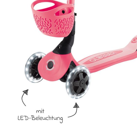 GLOBBER Véhicule 3-in-1 GO-UP Baby 360 Lights Roller, Tricycle, Draisienne À Partir De 15 Mois Jusqu’À 9 Ans Charge Jusqu’À 50 Kg Avec Roues Lumineuses & Module Lumineux - Corail Rose