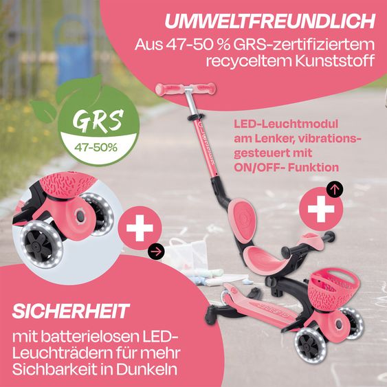 GLOBBER Véhicule 3-in-1 GO-UP Baby 360 Lights Roller, Tricycle, Draisienne À Partir De 15 Mois Jusqu’À 9 Ans Charge Jusqu’À 50 Kg Avec Roues Lumineuses & Module Lumineux - Corail Rose