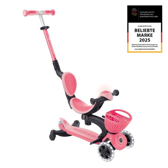 GLOBBER Véhicule 3-in-1 GO-UP Baby 360 Lights Roller, Tricycle, Draisienne À Partir De 15 Mois Jusqu’À 9 Ans Charge Jusqu’À 50 Kg Avec Roues Lumineuses & Module Lumineux - Corail Rose