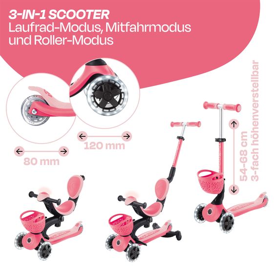 GLOBBER Véhicule 3-in-1 GO-UP Baby 360 Lights Roller, Tricycle, Draisienne À Partir De 15 Mois Jusqu’À 9 Ans Charge Jusqu’À 50 Kg Avec Roues Lumineuses & Module Lumineux - Corail Rose