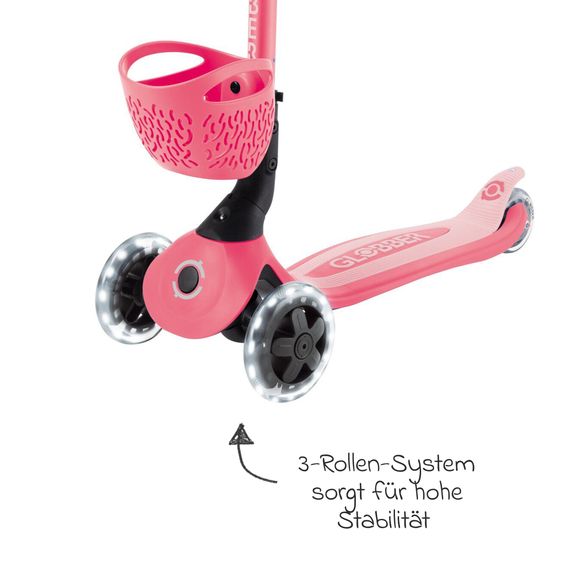 GLOBBER Véhicule 3-in-1 GO-UP Baby 360 Lights Roller, Tricycle, Draisienne À Partir De 15 Mois Jusqu’À 9 Ans Charge Jusqu’À 50 Kg Avec Roues Lumineuses & Module Lumineux - Corail Rose