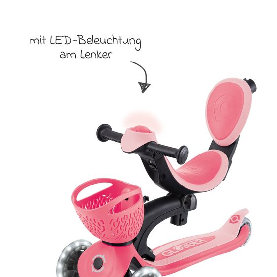 GLOBBER Véhicule 3-in-1 GO-UP Baby 360 Lights Roller, Tricycle, Draisienne À Partir De 15 Mois Jusqu’À 9 Ans Charge Jusqu’À 50 Kg Avec Roues Lumineuses & Module Lumineux - Corail Rose