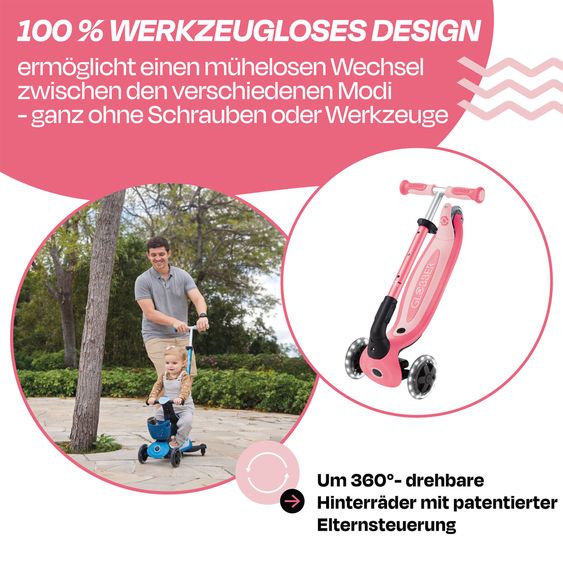 GLOBBER Véhicule 3-in-1 GO-UP Baby 360 Lights Roller, Tricycle, Draisienne À Partir De 15 Mois Jusqu’À 9 Ans Charge Jusqu’À 50 Kg Avec Roues Lumineuses & Module Lumineux - Corail Rose