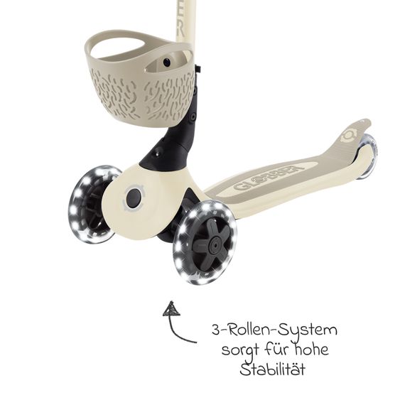 GLOBBER Véhicule 3-in-1 GO-UP Baby 360 Lights Roller, Tricycle, Draisienne À Partir De 15 Mois Jusqu’À 9 Ans Charge Jusqu’À 50 Kg Avec Roues Lumineuses & Module Lumineux - Taupe
