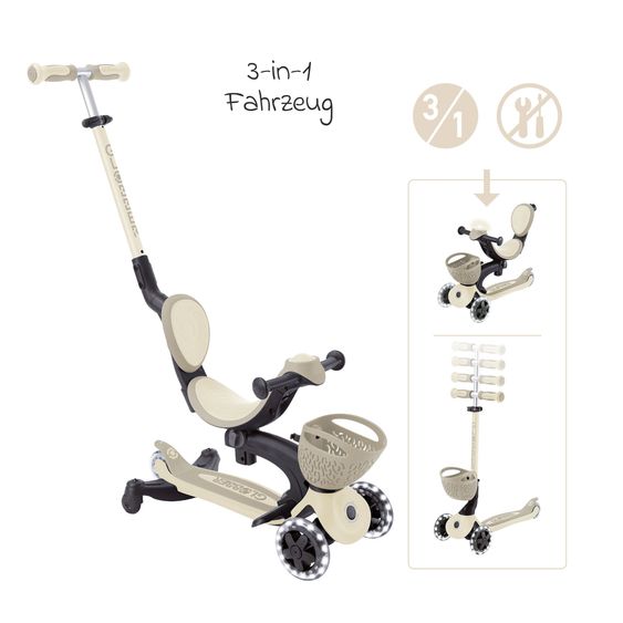 GLOBBER Véhicule 3-in-1 GO-UP Baby 360 Lights Roller, Tricycle, Draisienne À Partir De 15 Mois Jusqu’À 9 Ans Charge Jusqu’À 50 Kg Avec Roues Lumineuses & Module Lumineux - Taupe