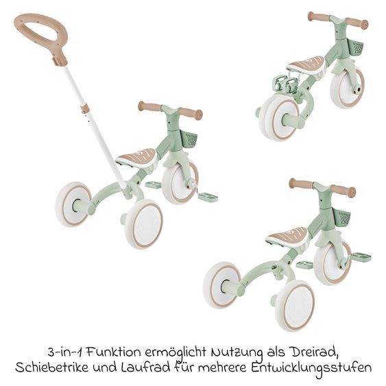 GLOBBER Véhicule 3-in-1 Learning Trike PLUS ECO Tricycle, Draisienne, Tricycle Poussette À Pousser Dès 12 Mois Jusqu’à 3 Ans Jusqu’à 22 Kg Chargeable Incl. Panier Guidon - Sauge Verte